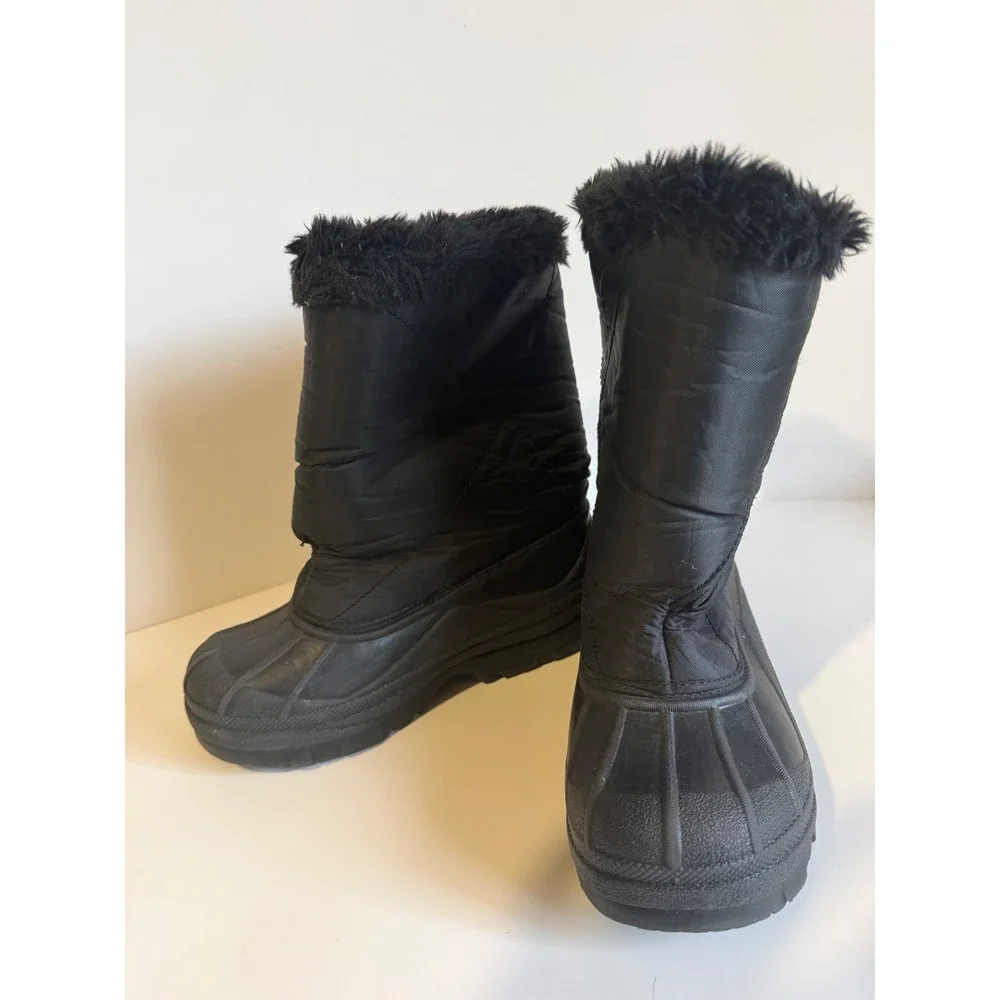 Kids Black Quilted Snow Boots Size 13 Faux Fur Trim Hook Loop Closure Outdoor